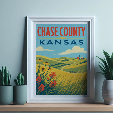 Framed "Chase County Kansas" travel poster featuring rolling hills and a rider on horseback.