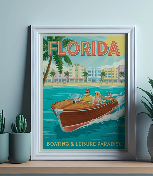 Vintage poster of Florida with a boat and palm trees, reads "Boating & Leisure Paradise."