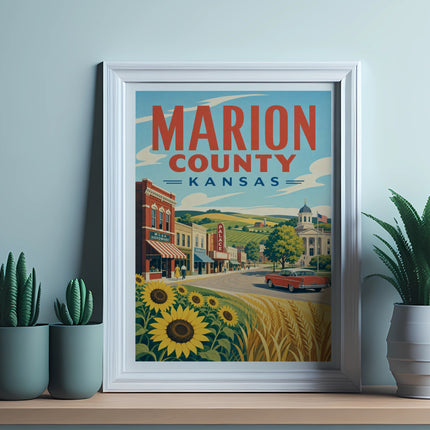 Marion County, Kansas vintage travel poster with sunflowers and a red car.