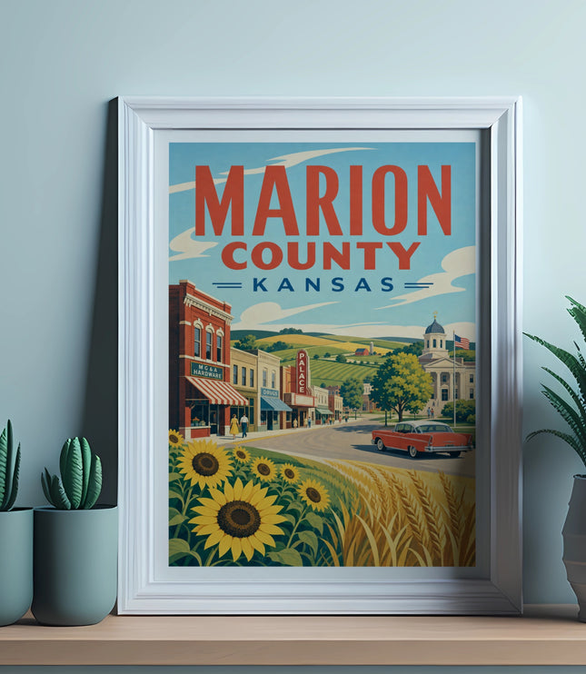 Marion County, Kansas vintage travel poster with sunflowers and a red car.