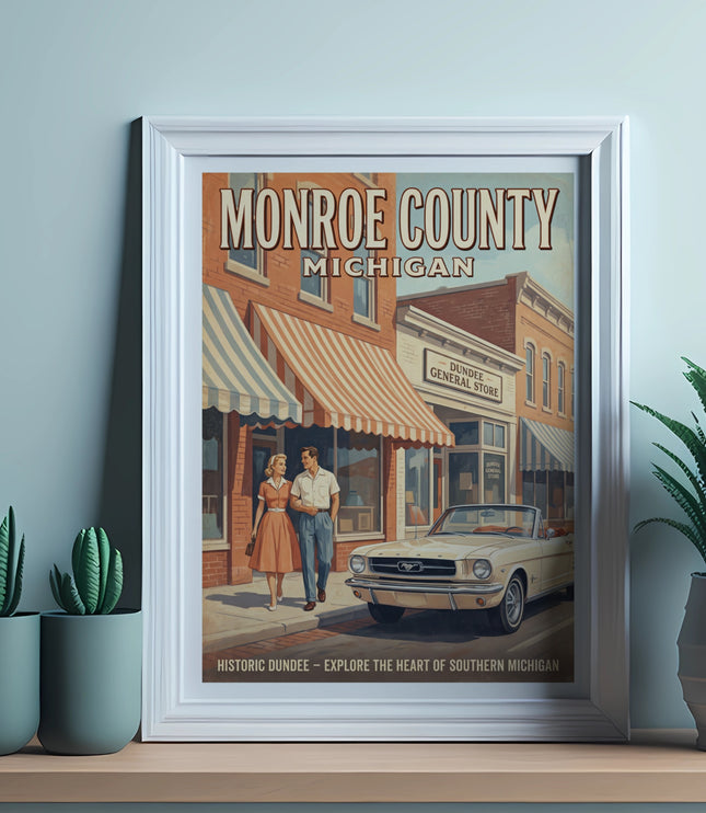 V intage poster of Monroe County, Michigan showcasing a couple and a classic car.