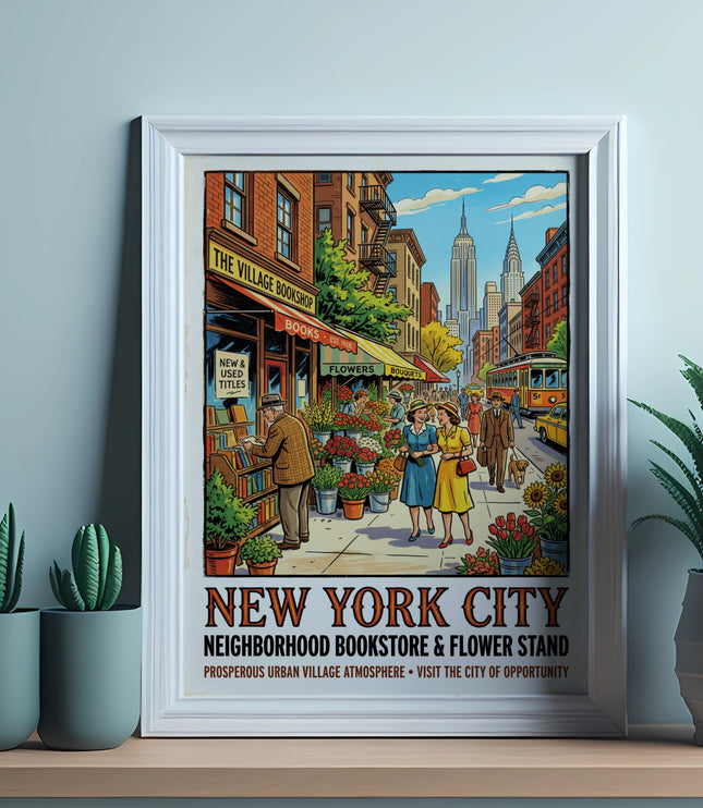 New York City vintage illustration with a bookstore, flower stand, and skyline.