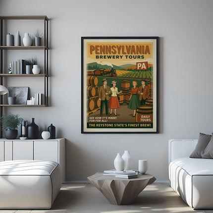 Pennsylvania Brewery Tours poster with vintage figures and beer barrels.