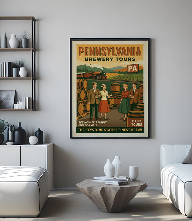 Pennsylvania Brewery Tours poster with vintage figures and beer barrels.