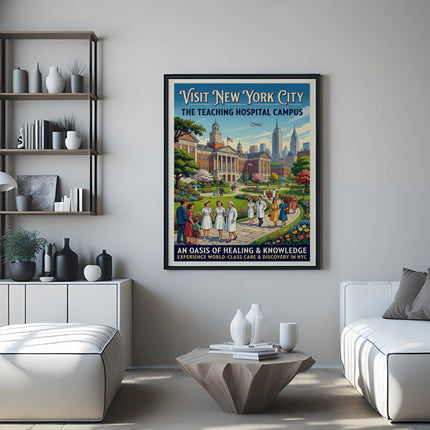 Visit New York City poster, teaching hospital campus with people and cityscape.