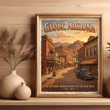Globe, Arizona poster depicts a historic mining town street scene at sunset.