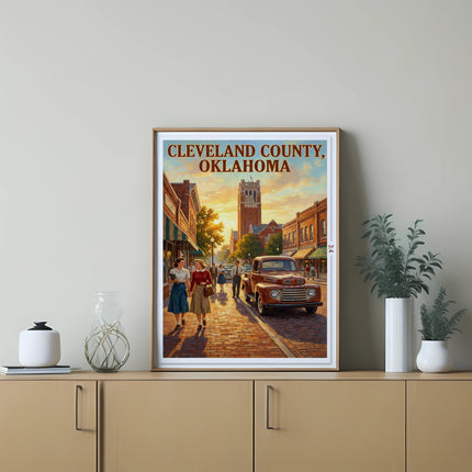 Vintage poster of Cleveland County, Oklahoma, featuring a brick street and town square.