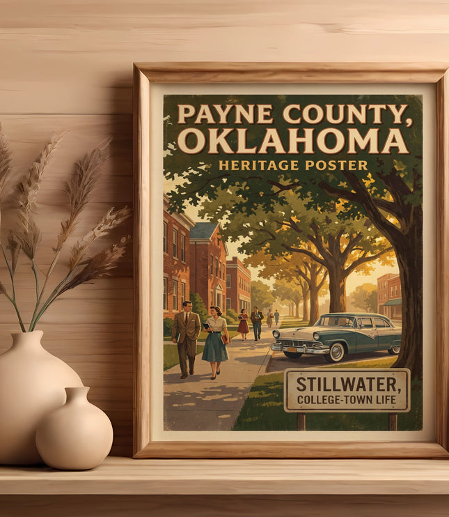 Heritage poster for Payne County, Oklahoma, featuring Stillwater and vintage college-town life.