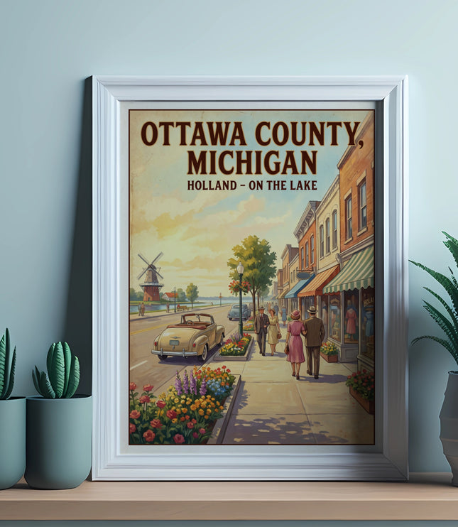 Ottawa County, Michigan Holland – On The Lake poster with vintage cars and shops.