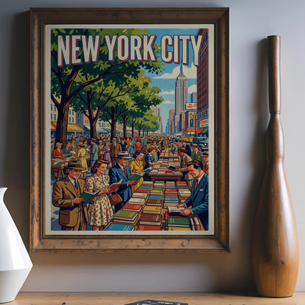 Vintage New York City street scene poster with books, people, and skyscrapers.