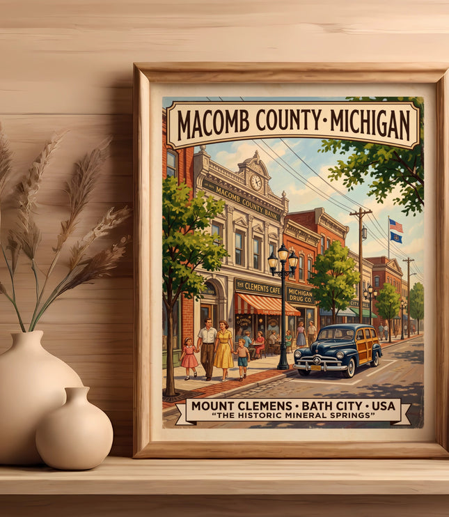 "Macomb County, Michigan" art with a vintage street scene, "Mount Clemens Bath City USA"