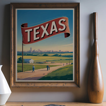 Vintage Texas flag banner art with cityscape and rolling hills.