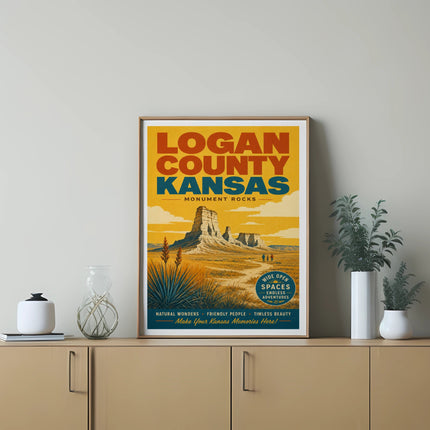 Logan County, Kansas, Monument Rocks travel poster with text.