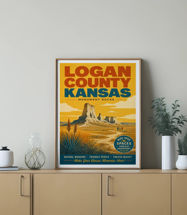 Logan County, Kansas, Monument Rocks travel poster with text.