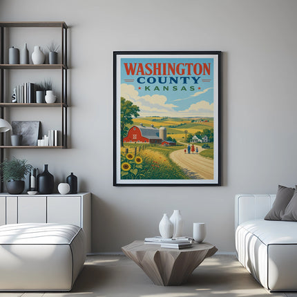 Washington County, Kansas vintage travel poster with farm landscape.