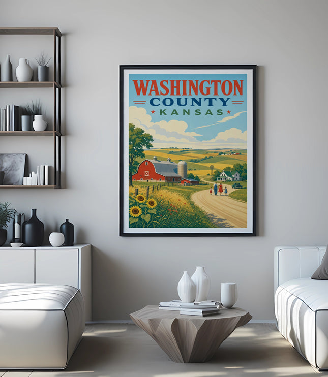 Washington County, Kansas vintage travel poster with farm landscape.