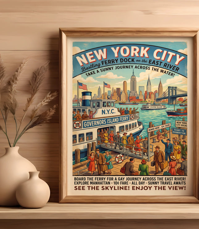 New York City Governors Island Ferry vintage travel poster with skyline and boats.