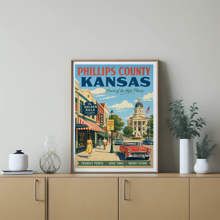 Vintage Phillips County Kansas poster with town buildings, classic car, and text.