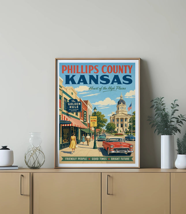 Vintage Phillips County Kansas poster with town buildings, classic car, and text.