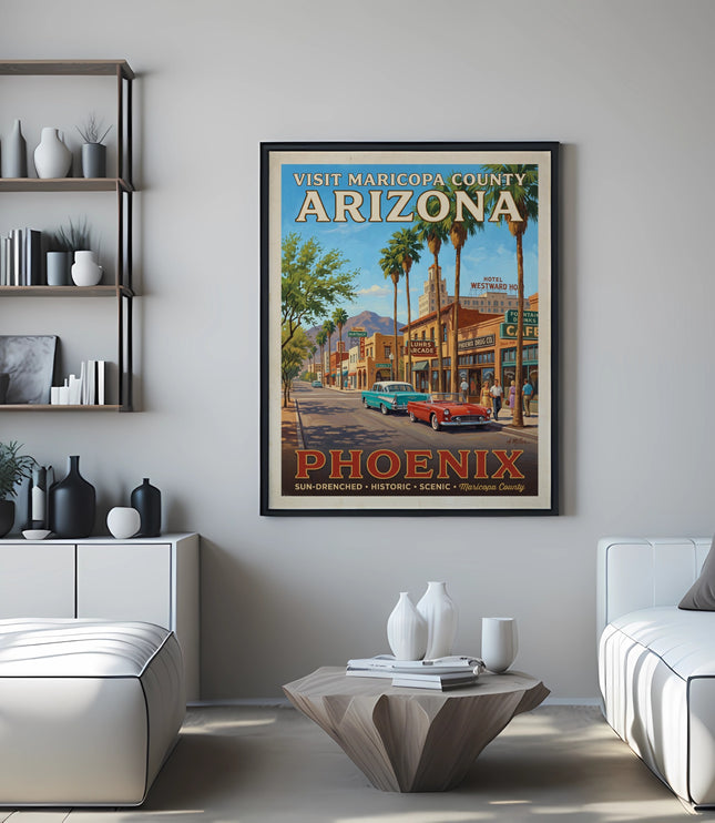 Poster of Phoenix Arizona featuring vintage cars and buildings with "Phoenix" text.