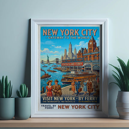 Vintage New York City ferry poster with people and boats.