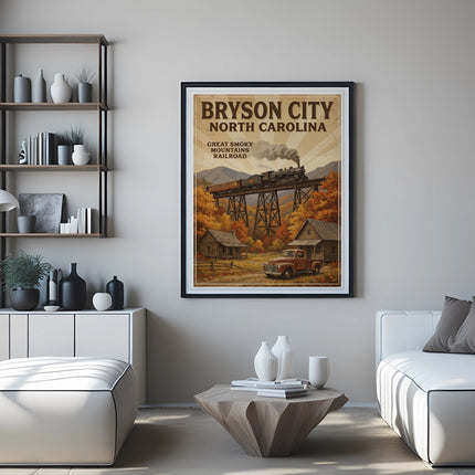 Bryson City North Carolina vintage train poster with autumnal landscape.