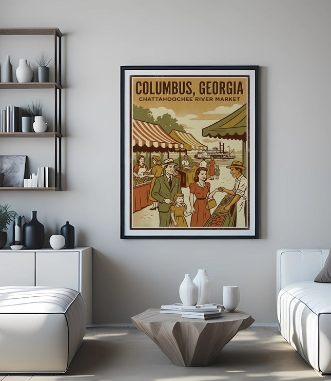Market scene with people and stalls, text reads "Columbus, Georgia".