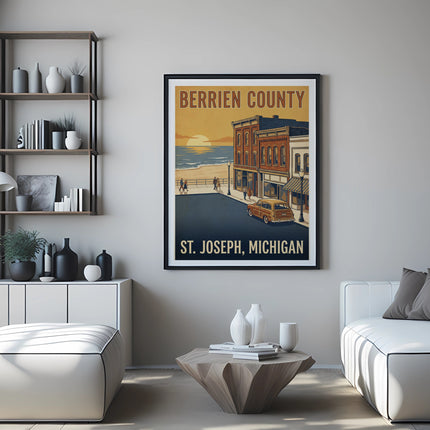 Berrien County, St. Joseph, Michigan vintage travel poster depicting a beach town scene.
