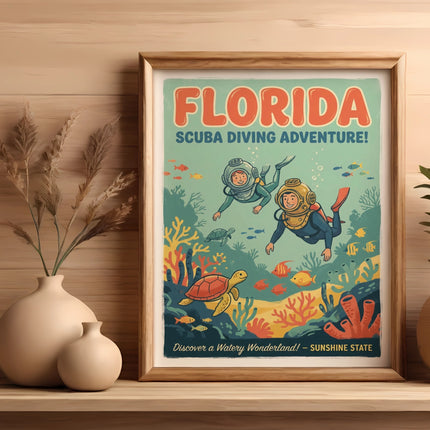 Vintage Florida scuba diving adventure poster with divers and sea life.