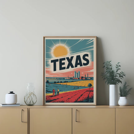 Retro poster of a Texas landscape with a sun, power plant, and two figures.