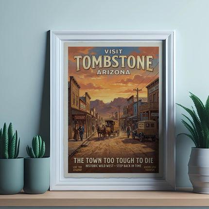 Visit Tombstone Arizona poster with vintage wild west street scene and text.