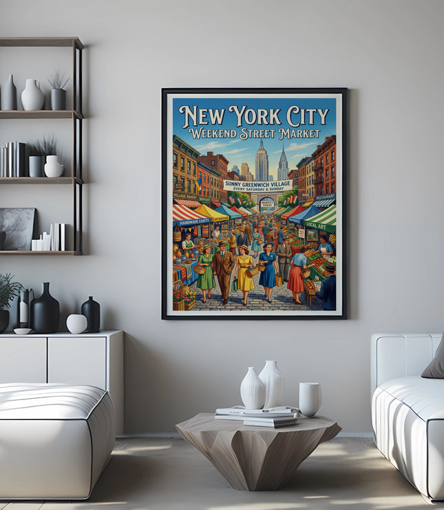 New York City Weekend Street Market poster with crowds and street vendors.