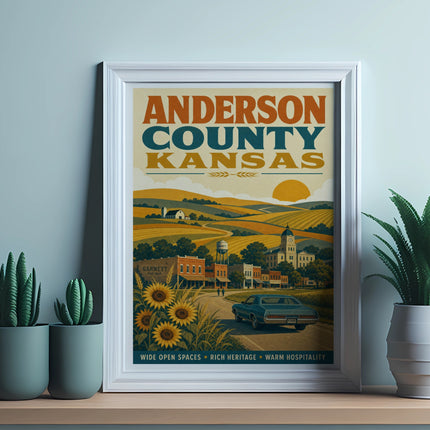 Anderson County, Kansas poster featuring a town scene with sunflowers and text.