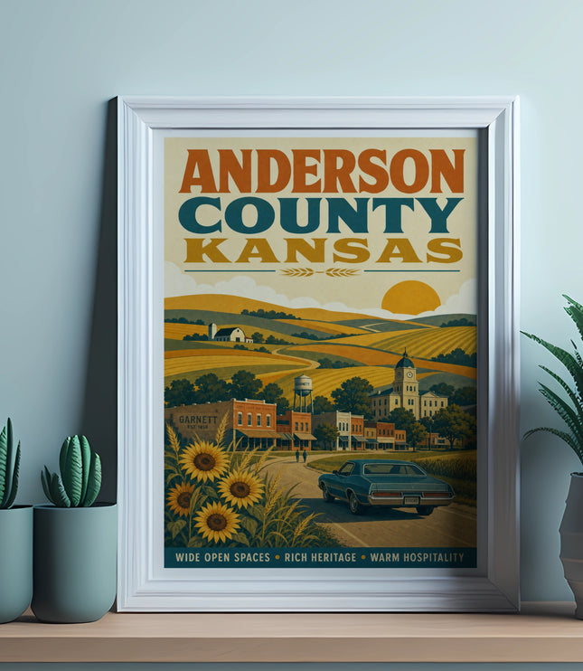Anderson County, Kansas poster featuring a town scene with sunflowers and text.