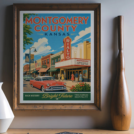 Vintage poster for Montgomery County, Kansas, featuring Independence and the Rialto Theater.