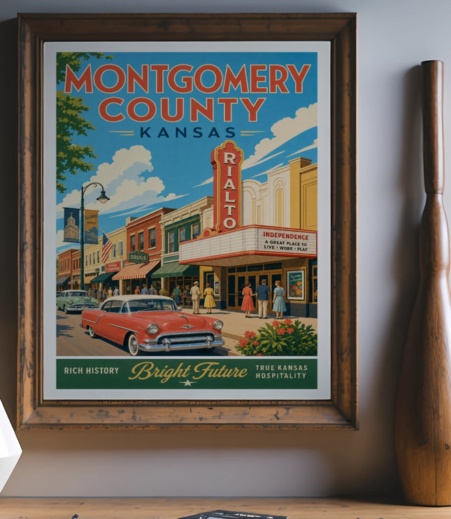 Vintage poster for Montgomery County, Kansas, featuring Independence and the Rialto Theater.