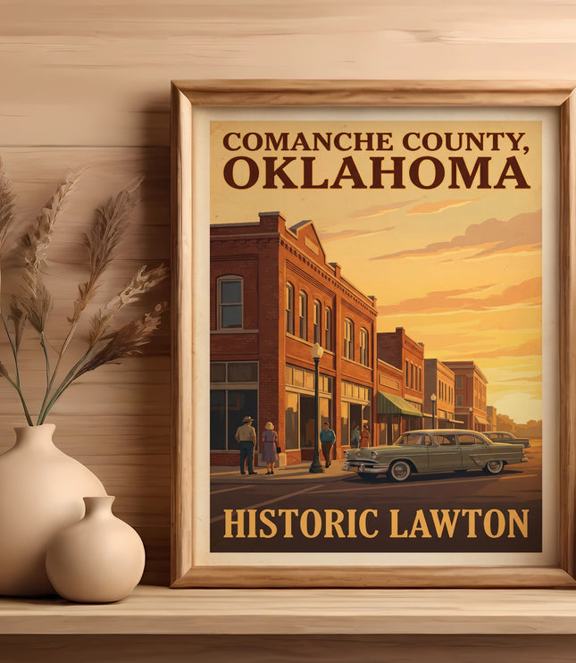 Vintage "Comanche County, Oklahoma" poster featuring Historic Lawton street scene.