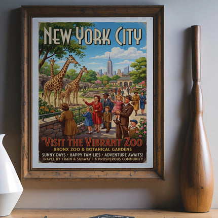 Vintage New York City poster featuring giraffes and families at the Bronx Zoo.
