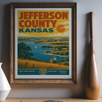Jefferson County Kansas poster with lake, fields, and two people.