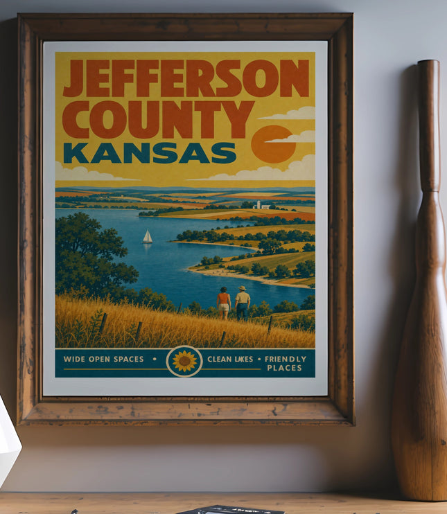 Jefferson County Kansas poster with lake, fields, and two people.