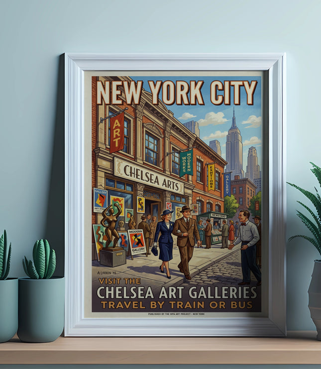 New York City poster advertises the Chelsea Art Galleries, travel by train or bus.
