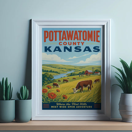 Pottawatomie County Kansas travel poster with cows grazing.