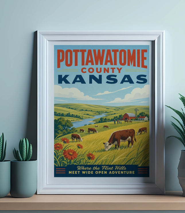 Pottawatomie County Kansas travel poster with cows grazing.