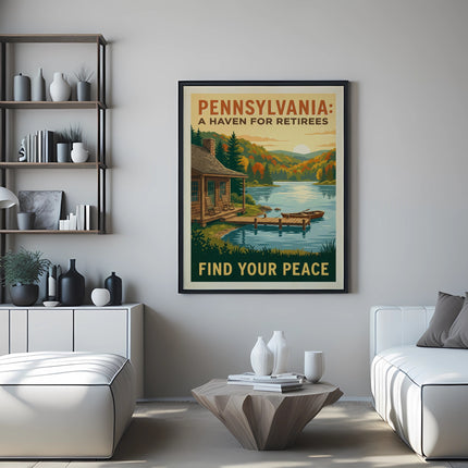 Pennsylvania: A Haven for Retirees poster over a modern living room setup.
