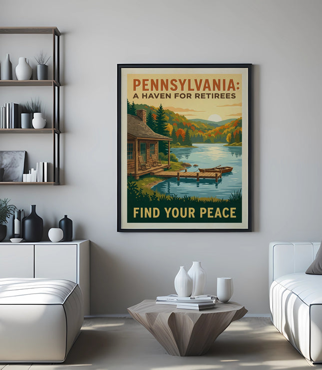 Pennsylvania: A Haven for Retirees poster over a modern living room setup.