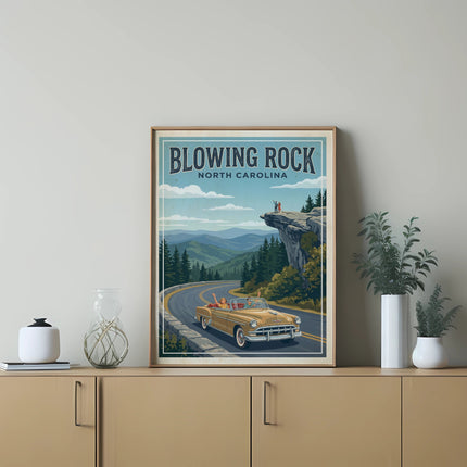 Poster of Blowing Rock, North Carolina featuring vintage car driving on a coastal road with mountains.