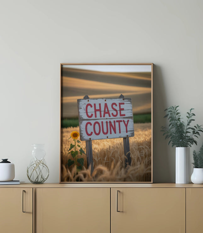 Wooden sign in a wheat field reads "CHASE COUNTY".