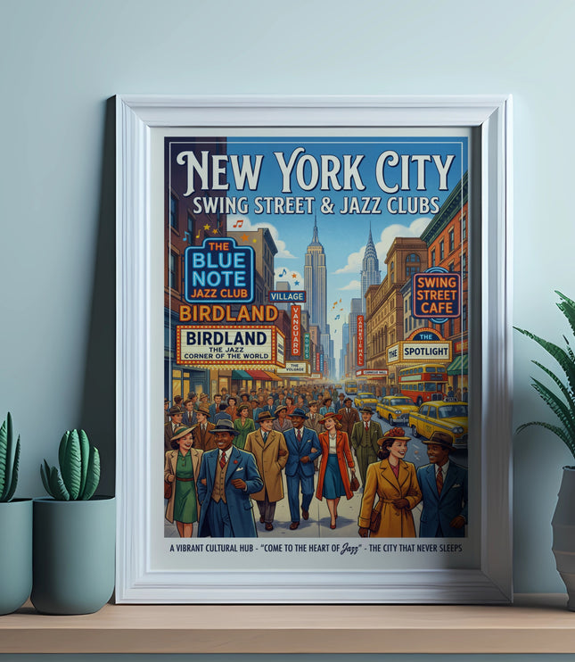 New York City Swing Street & Jazz Clubs poster featuring jazz clubs and vintage street scene.