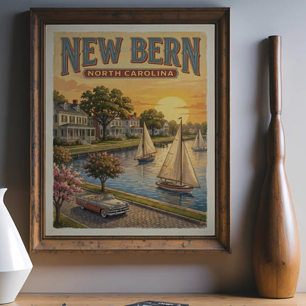 New Bern North Carolina vintage poster with sailboats and classic car at sunset
