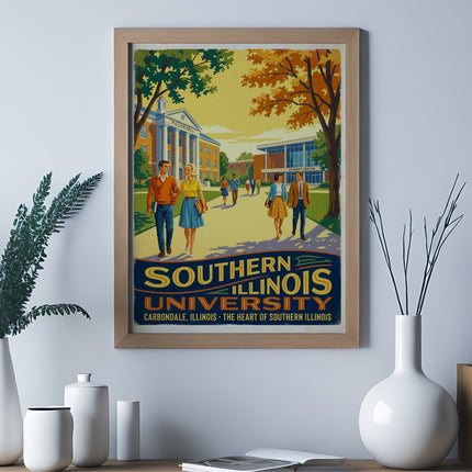 Vintage poster for Southern Illinois University Carbondale featuring Pulliam Hall and Student Center.